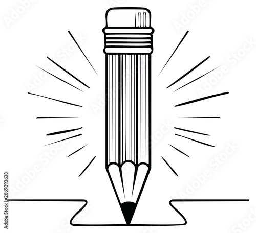 Illustration of a Pencil with Bursting Rays and a Drawn Line