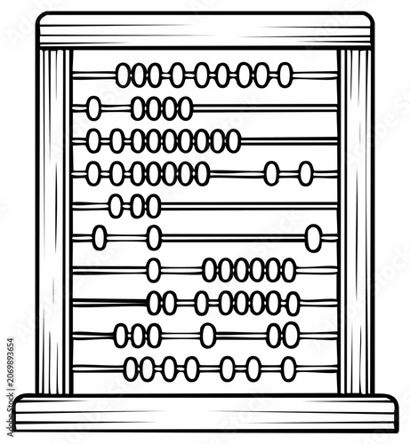 Outline Illustration of an Abacus for Calculation. Math Education Tool in Black and White