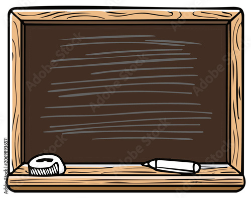 Cartoon illustration of a vintage chalkboard with wooden frame and chalk, educational concept