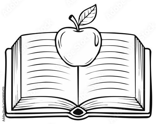 Open book with apple on top vector illustration for education and knowledge concepts