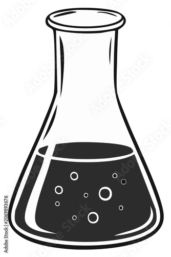 Erlenmeyer flask contains liquid with bubbles in black and white style for chemistry or biology