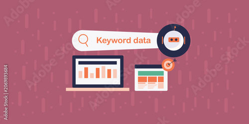 Digital visibility with search intelligence, keyword data graph on laptop screen, website SEO targeting. 