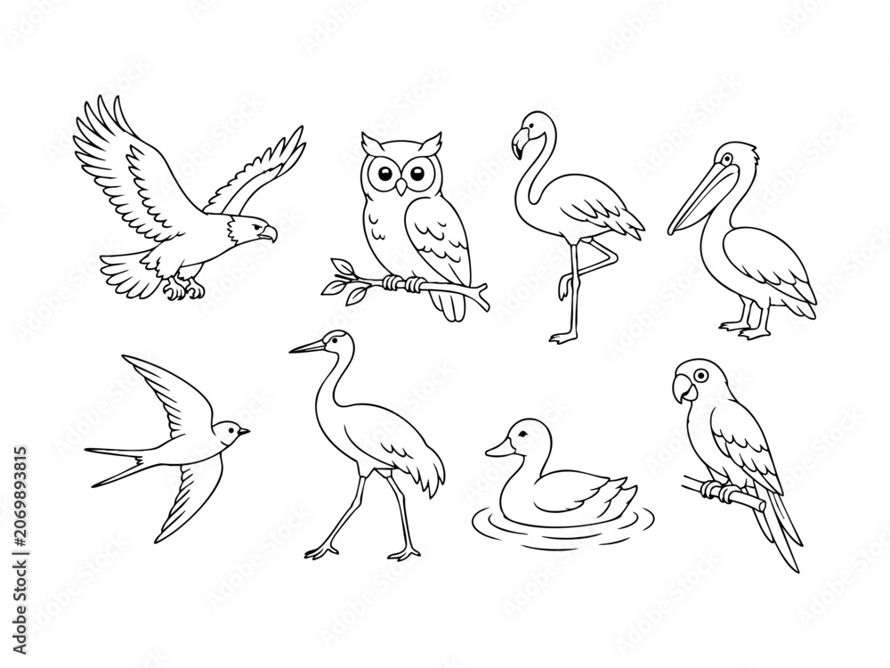 Obraz premium Collection of Diverse Bird Silhouettes Eagle, Owl, Flamingo, Pelican, Swallow, Heron, Duck, Parrot