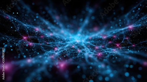 Abstract network pattern with glowing particles in blue and pink against a dark background showcasing depth and complexity in digital design