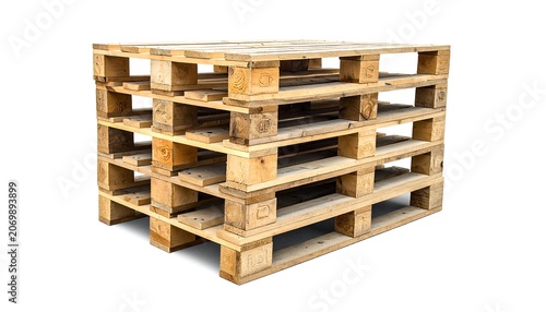 A stack of wooden shipping pallets is shown against a plain white backdrop. The perspective emphasizes depth