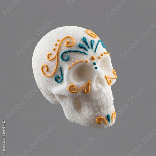 Contemporary sugar skull calavera floating at isometric angle for Dia de los Muertos. Space for text included.