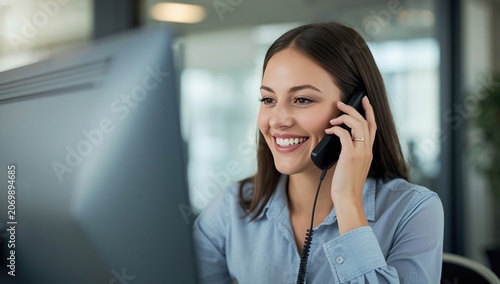 Smiling young woman talking on the phone while working at a computer in a bright office environment