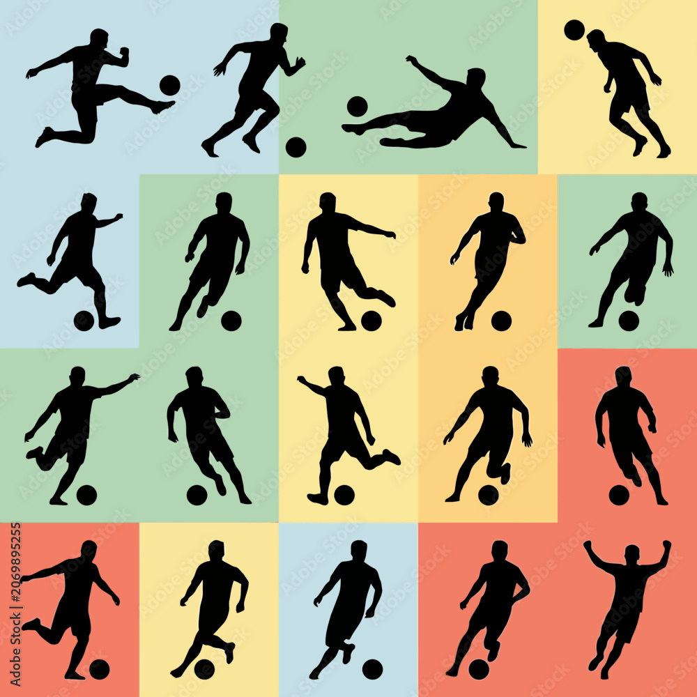 Obraz premium Dynamic Soccer Players in Action Silhouettes on Colorful Background Grid