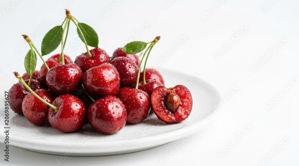 Obraz premium Fresh Cherries Served On White Plate