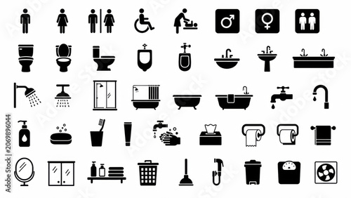 Set of black bathroom and household object icons for modern home design projects