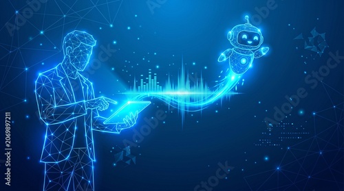 Digital humanoid silhouette interacting with a tiny robot using a tablet in a futuristic data network environment humanoid artificial intelligence technology connection automation