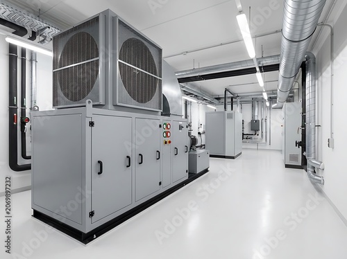 Industrial hvac system in modern data center mechanical room with white epoxy flooring