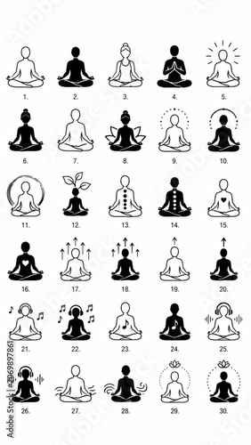 Set of black and white yoga meditation icons showing people in lotus position