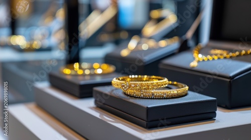 Gleaming Gold Jewelry Display at Fine Jewelry Store with Elegant Bracelets and Necklaces on Black Stands