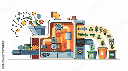 A colorful illustration of a recycling machine with various symbols and icons flowing through it