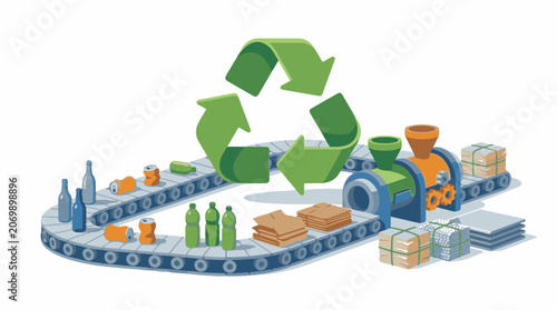 A colorful illustration of a recycling plant with a recycling symbol