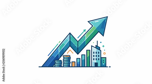A colorful illustration of a rising arrow graph with buildings and coins
