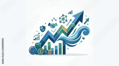 A colorful illustration of a rising arrow surrounded by various business and finance symbols