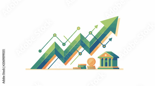 A colorful illustration of a rising graph with a bank and coins