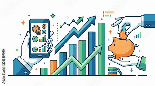 A colorful illustration of a robotic hand holding a piggy bank and a human hand holding a smartphone with various graphs