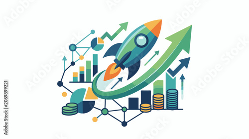 A colorful illustration of a rocket ship soaring upwards surrounded by graphs and coins