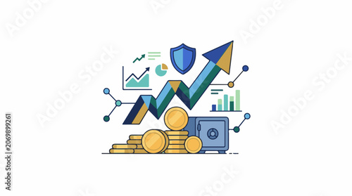 A colorful illustration of a safe with gold coins and financial graphs