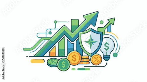 A colorful illustration of a shield with a star surrounded by coins graphs and arrows