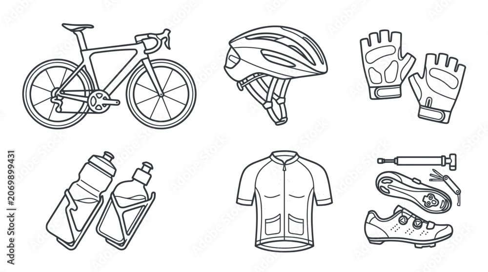 Fototapeta premium Cycling gear and bicycle equipment icons in line art style