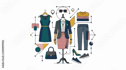 A colorful illustration of a stylish outfit arrangement