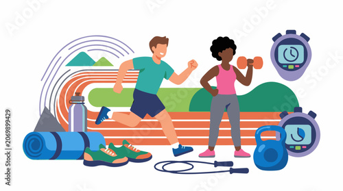A colorful illustration of a man and woman engaging in fitness activities (1)