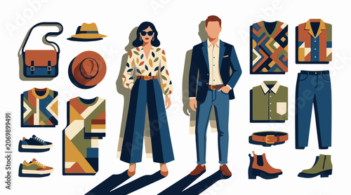 A colorful illustration of a man and woman in stylish outfits surrounded by clothing items