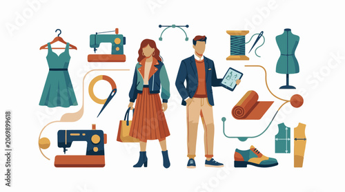 A colorful illustration of a man and woman surrounded by fashion design elements