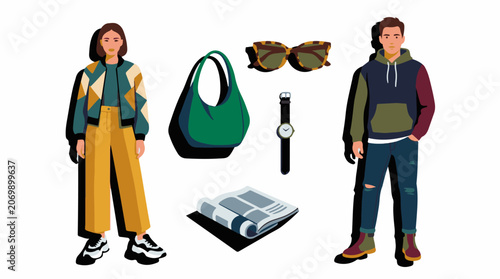 A colorful illustration of a man and woman with fashion accessories