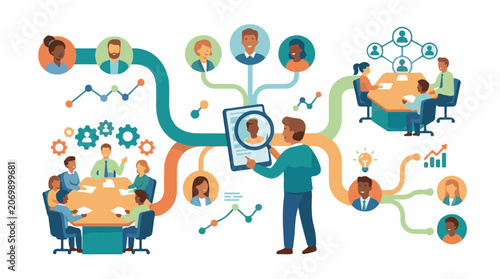 A colorful illustration of a man displaying a person's profile on a tablet surrounded by coworkers and connections