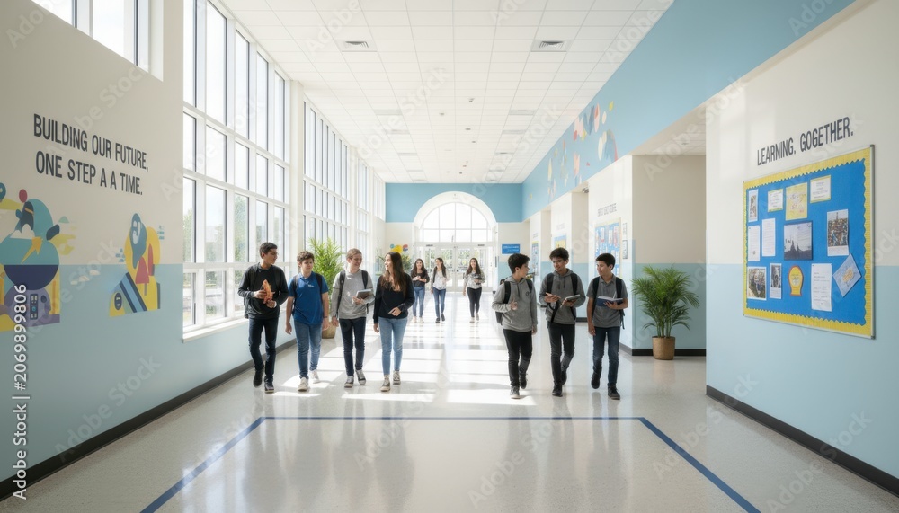 Fototapeta premium Busy school hallway with students walking past wall posters and displays.