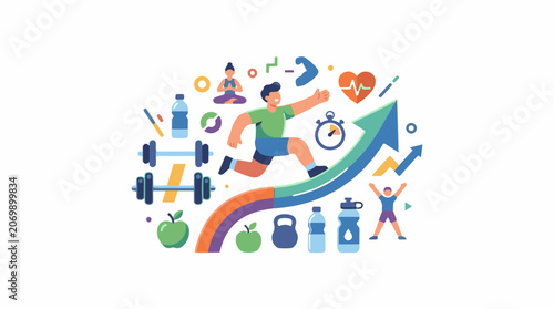 A colorful illustration of a man running up an arrow surrounded by fitness icons