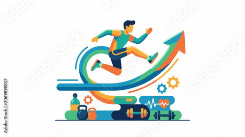 A colorful illustration of a man running on an upward arrow surrounded by fitness equipment