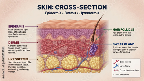 Educational skin cross section anatomy diagram epidermis dermis hypodermis