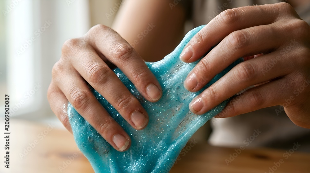 Fototapeta premium Child's Hands Playing with Glittering Blue Slime