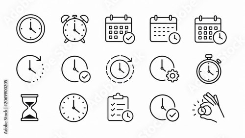 Set of simple black line icons for time management and business schedule planning