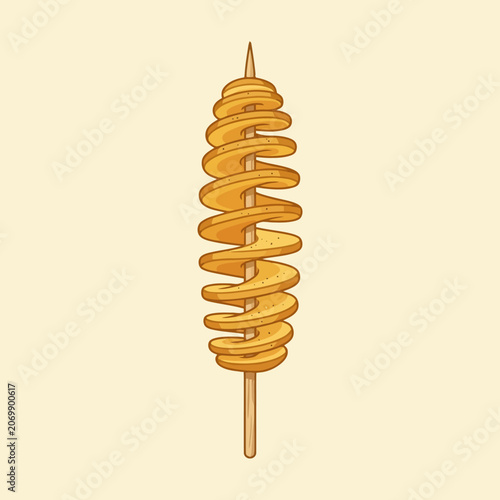 A golden fried spiral potato snack served on a wooden skewer