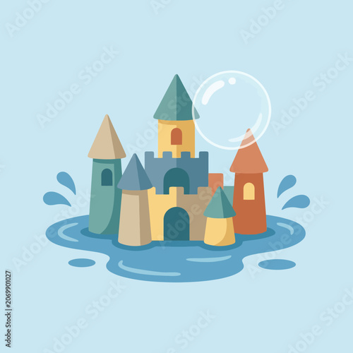 A colorful sand castle sits in a shallow pool of water