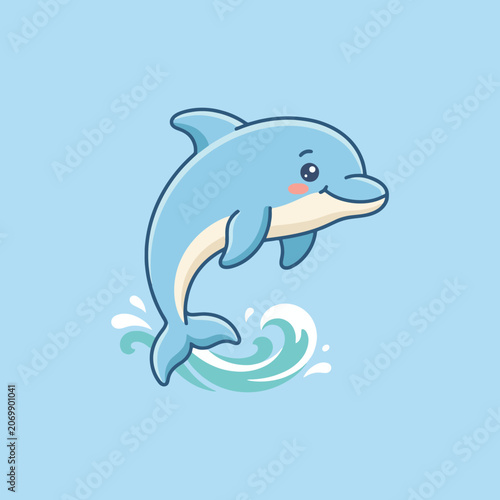 Cute cartoon dolphin jumping over blue ocean waves