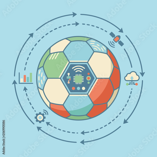 A colorful soccer ball with digital technology and data icons