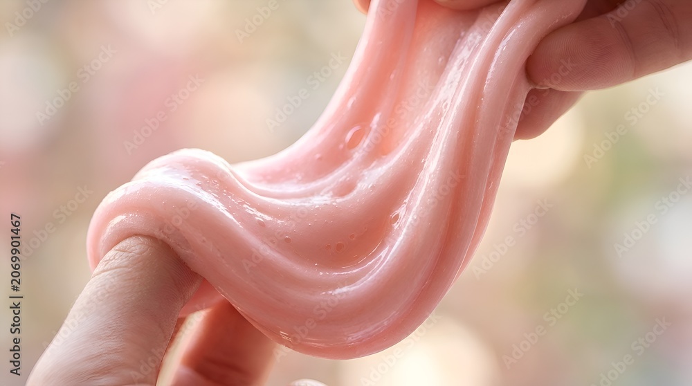 Fototapeta premium Pink Slime Play: Close-up of Hands Stretching and Squishing Gooey Toy
