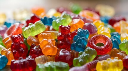 Pile of colorful gummy bears and rings candies on a neutral background, close-up shot