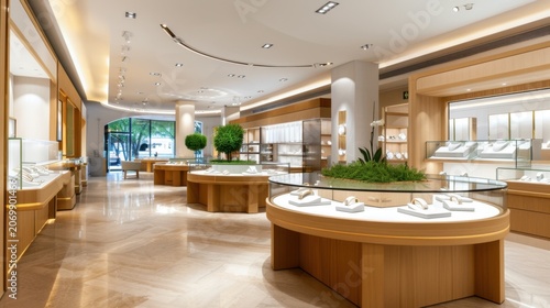 Elegant and Modern Jewelry Store Interior with Display Cases and Bright Lighting in a Luxurious Setting