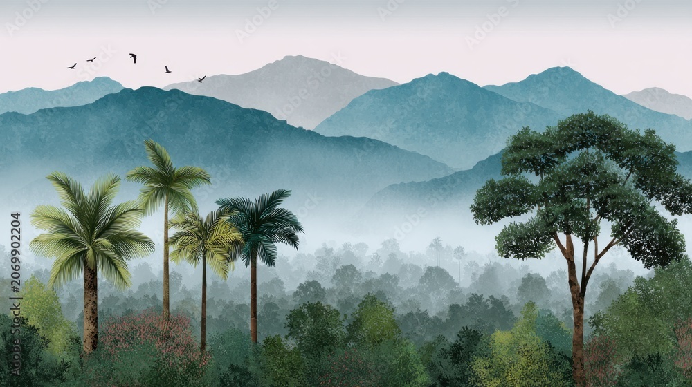Fototapeta premium Serene Landscape of Lush Mountains with Palm Trees and Misty Forests under Soft Sky, Ideal for Nature and Travel Themes in Stock Photography