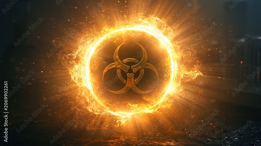 © akberrahmanullah - Biohazard symbol glows brightly within a ring of intense fire that signifies a dangerous global outbreak.