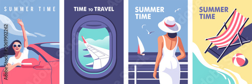 Summer time. Concept of summer party and travel. Perfect background on the theme of season vacation, weekend, beach. Vector illustration in minimalistic style for posters, cover art, flyer, banner.